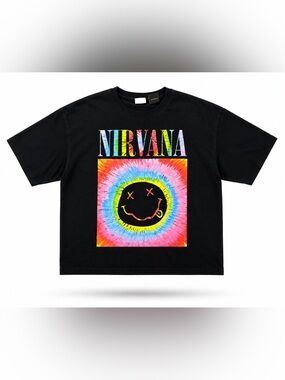 NIRVANA Black Tee with Multicolor Tie-Dye Smiley